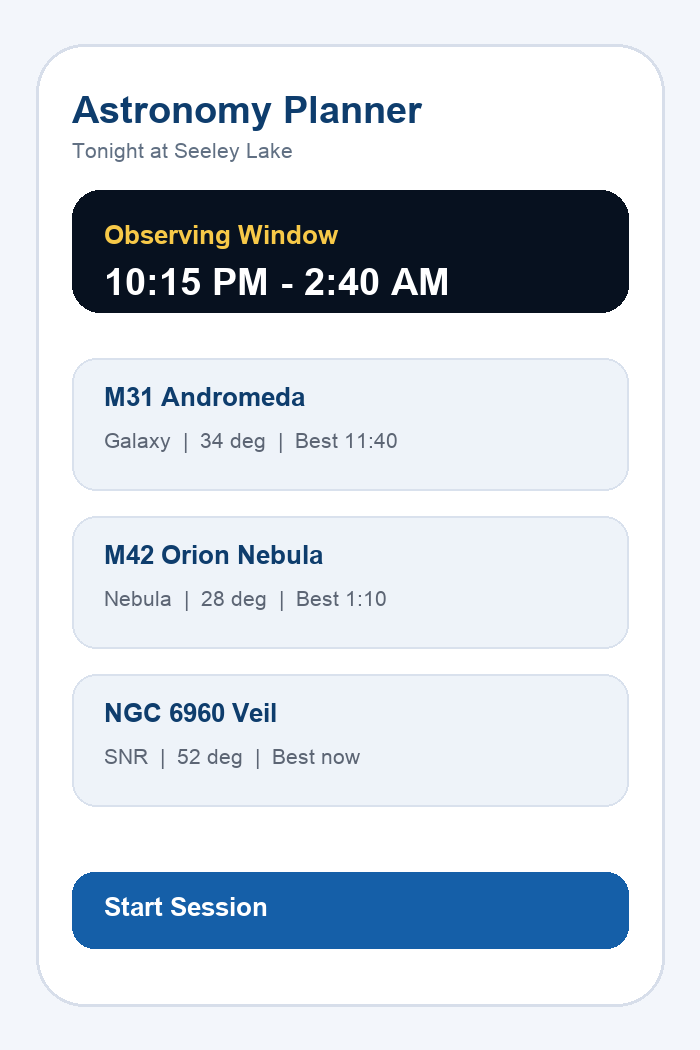 Smart Telescope Planner iOS home page example.