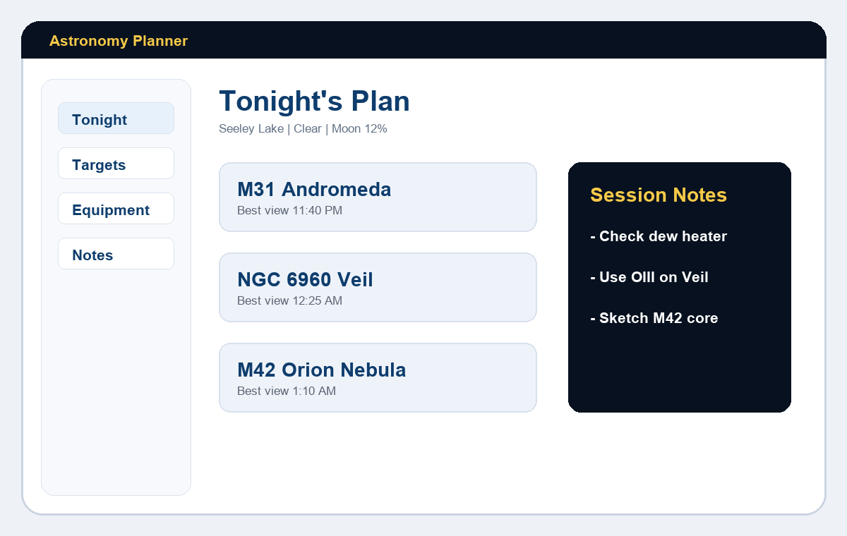 Astronomy Observation Planner macOS home page example.