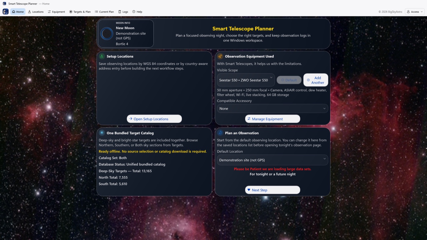 Smart Telescope Planner Home page on Windows.