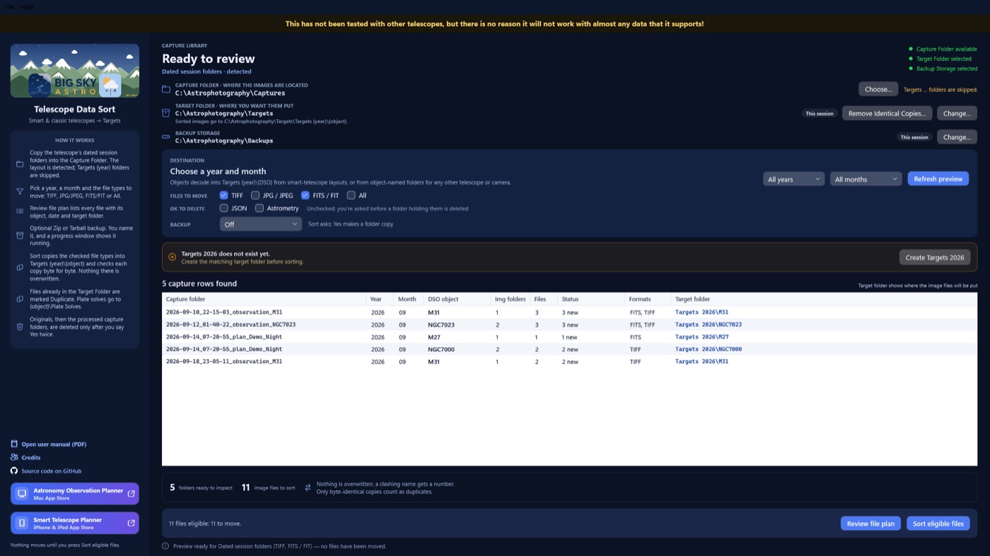Telescope Data Sort main window on Windows.