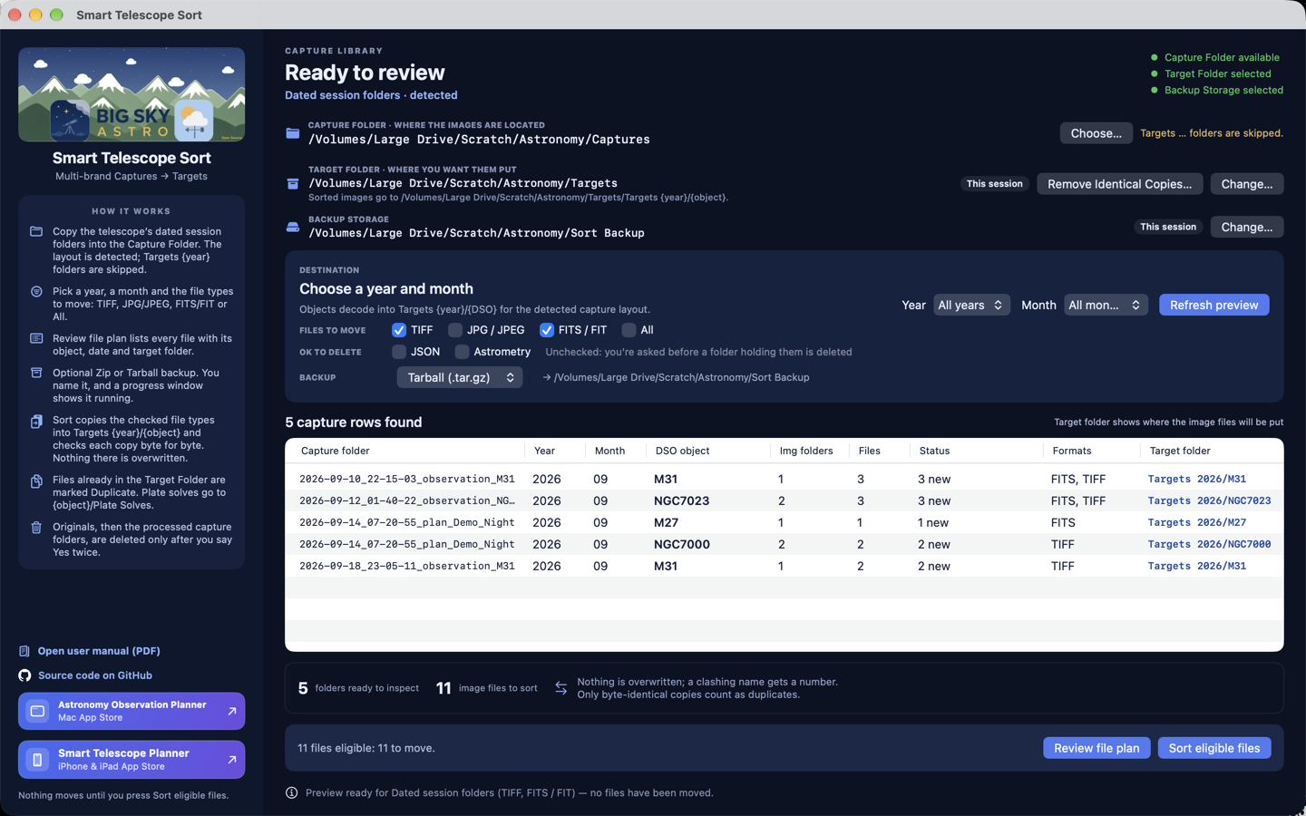 Smart Telescope Sort 1.2 macOS window showing the detected folder layout, folder status lights, file types, OK to Delete options, and sort preview.