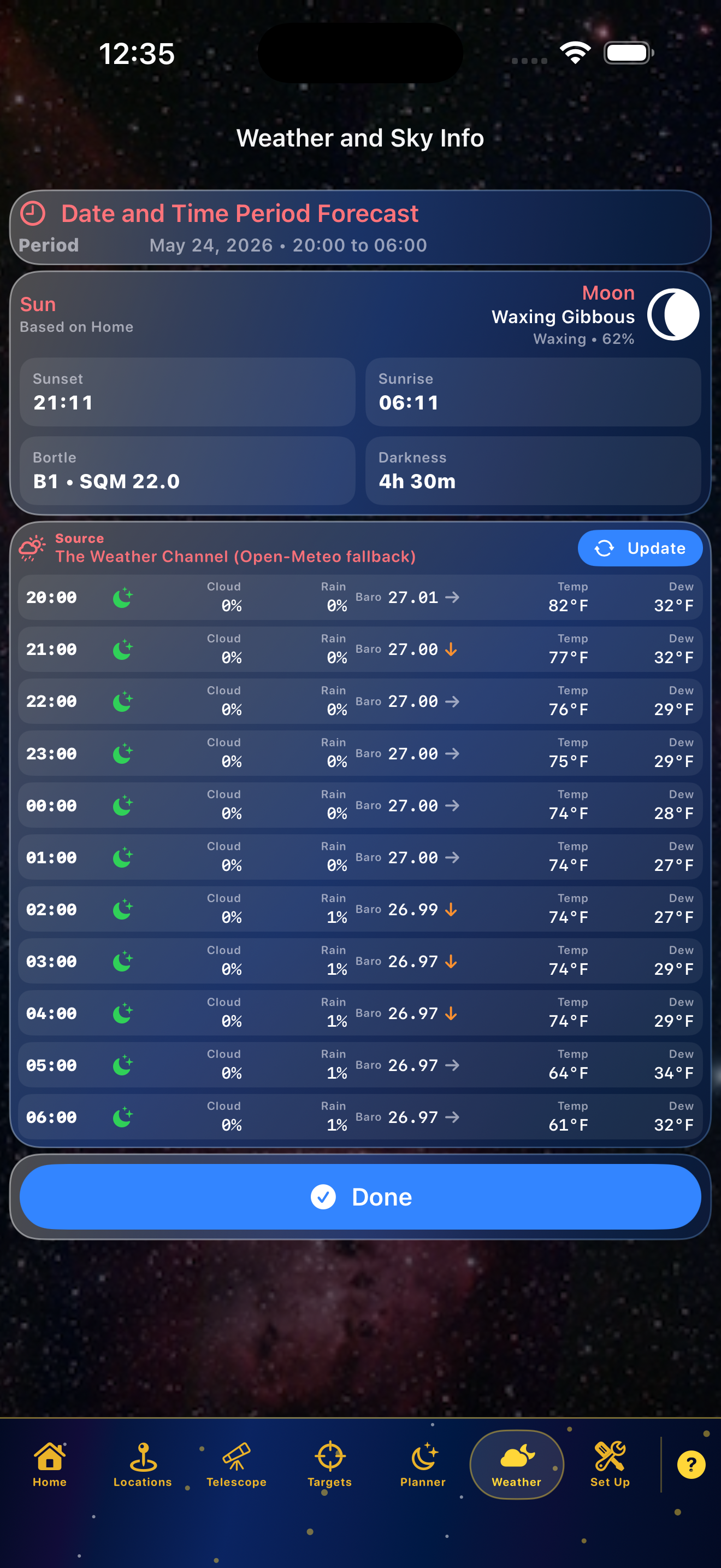 Weather and sky info