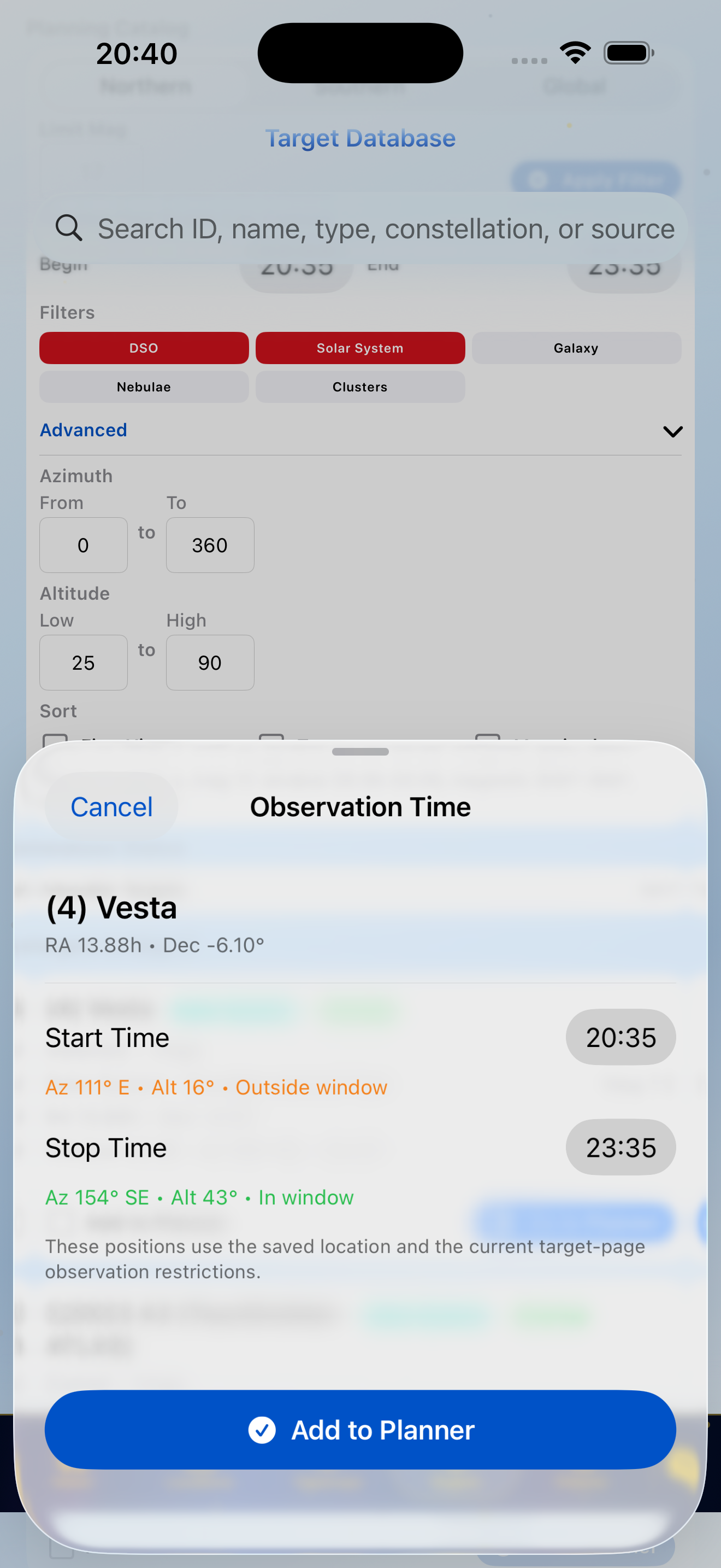 Target observation time sheet