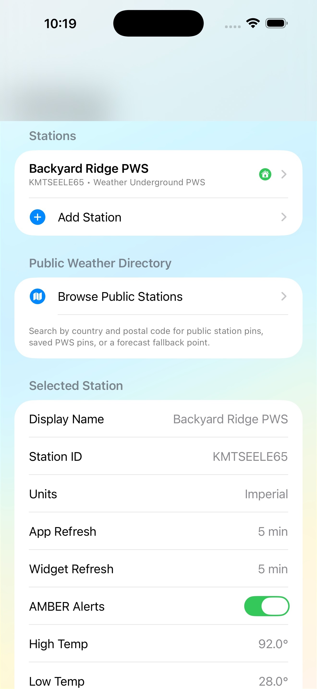 Weather Magic PWS maintenance and settings screen.